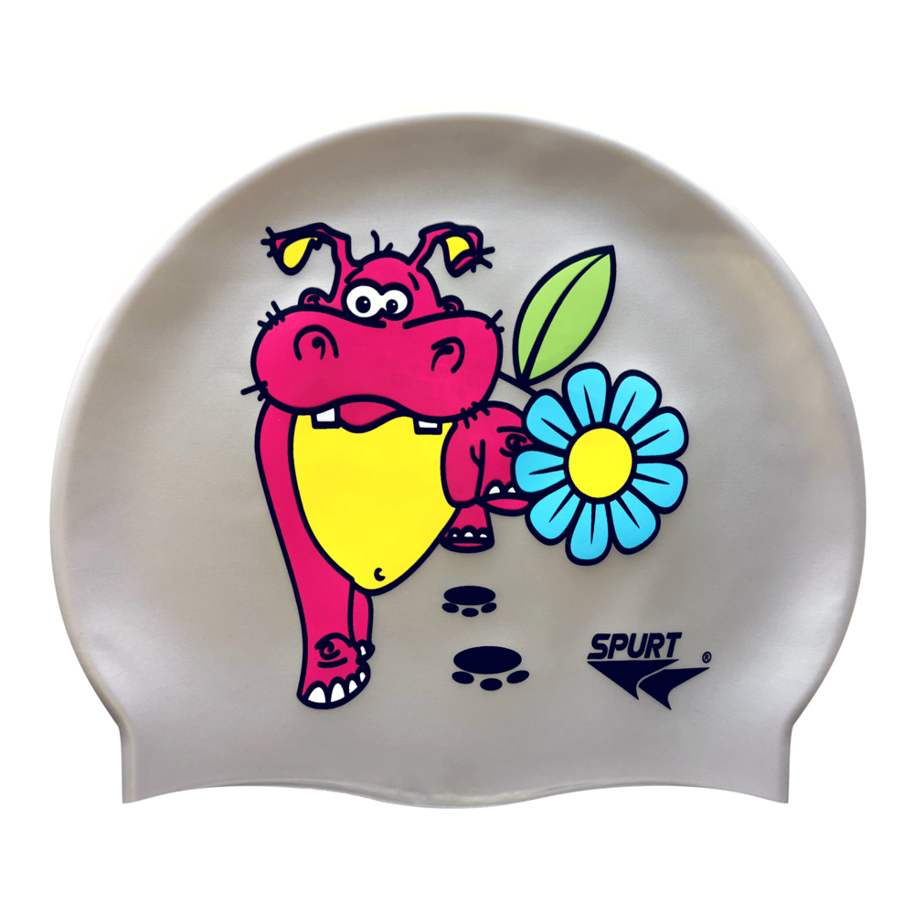 Hippo with Flower on SD11 Silver Junior Spurt Silicone Swim Cap