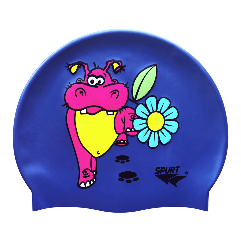 Hippo with Flower on SD16 Metallic Navy Junior Spurt Silicone Swim Cap