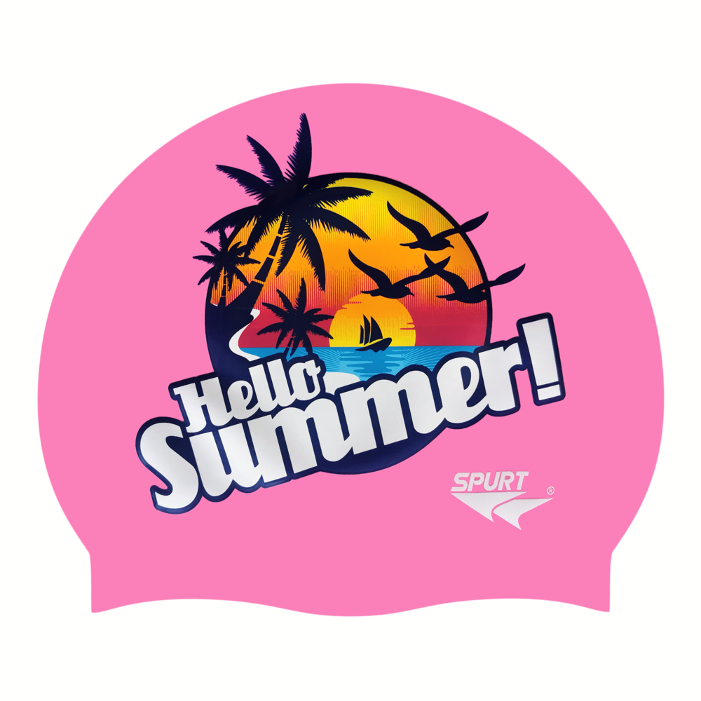 Hello Summer with Beach Theme on F227 Medium Pink Spurt Silicone Swim Cap