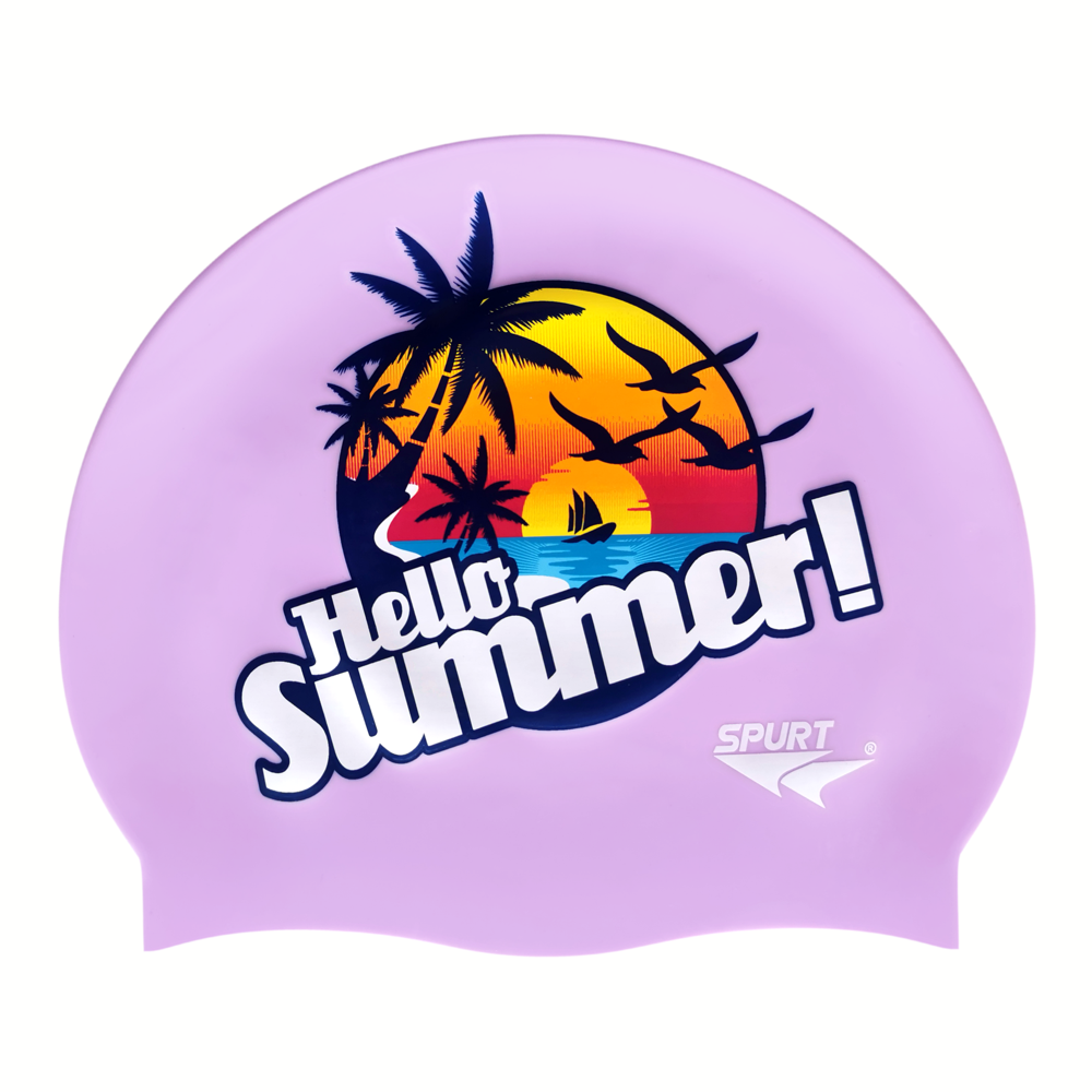 Hello Summer with Beach Theme on F240 Pale Violet Spurt Silicone Swim Cap