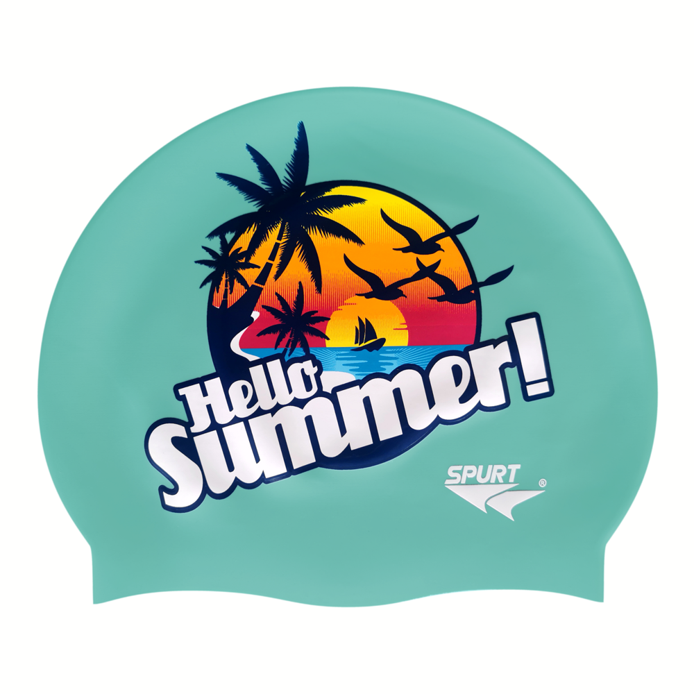Hello Summer with Beach Theme on SD13 Pale Aquamarine Green Spurt Silicone Swim Cap