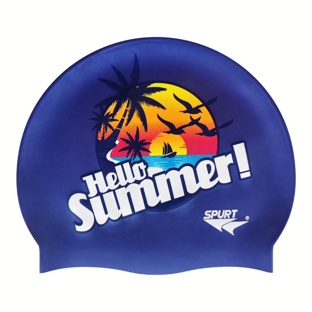 Hello Summer with Beach Theme on SD16 Metallic Navy Spurt Silicone Swim Cap