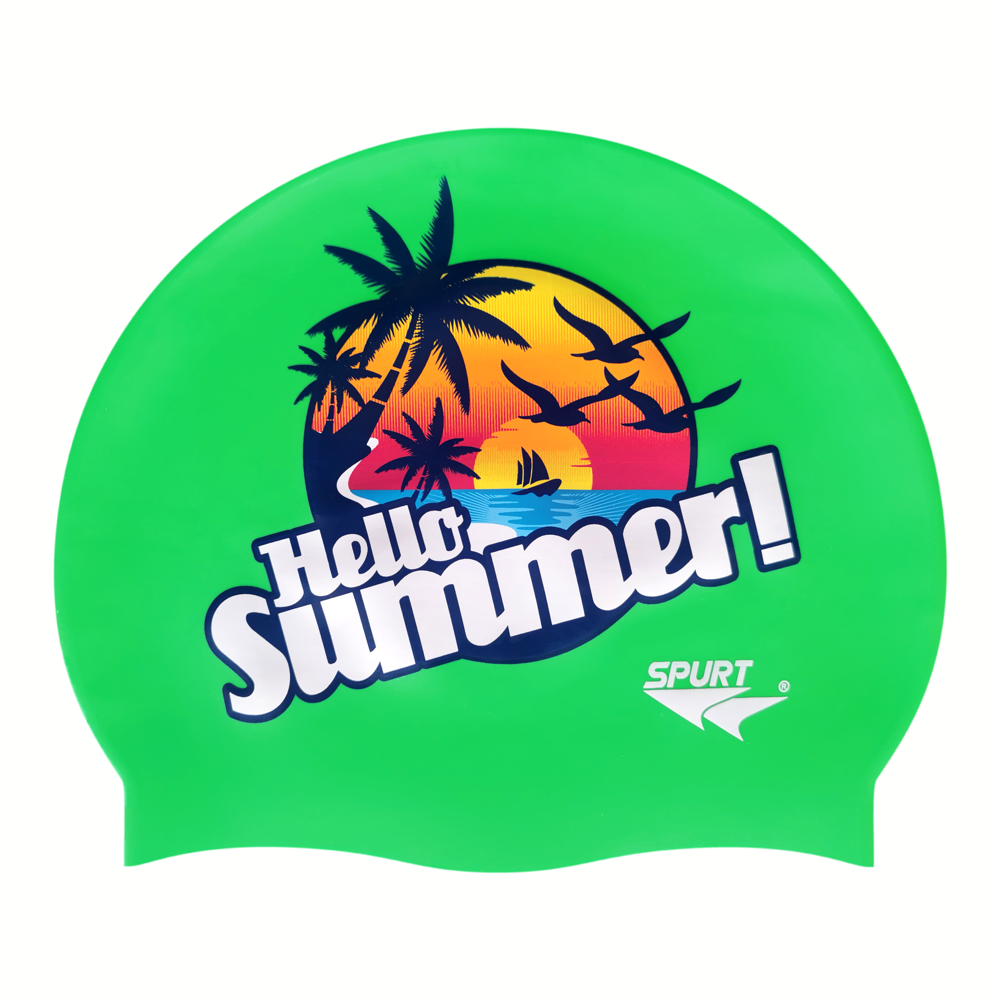 Hello Summer with Beach Theme on SE24 Vivid Green Spurt Silicone Swim Cap