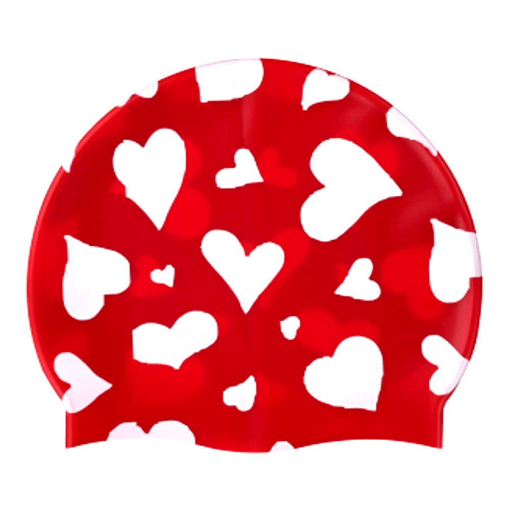 Hearts Scattered in White on F203 Industrial Red Spurt Silicone Swim Cap