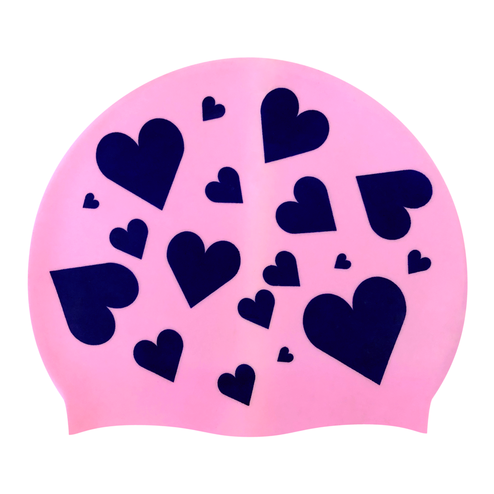 Hearts Scattered in Navy on F239 Light Pink Spurt Silicone Swim Cap