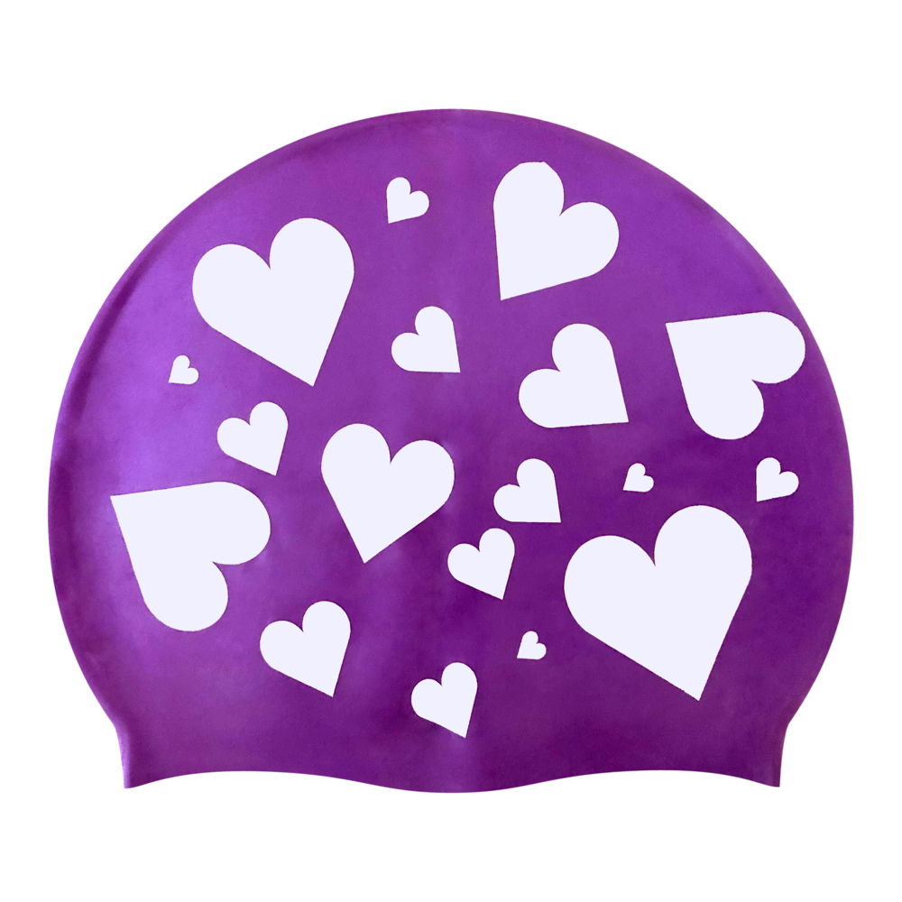 Hearts Scattered in White on SB18 Violet Spurt Silicone Swim Cap