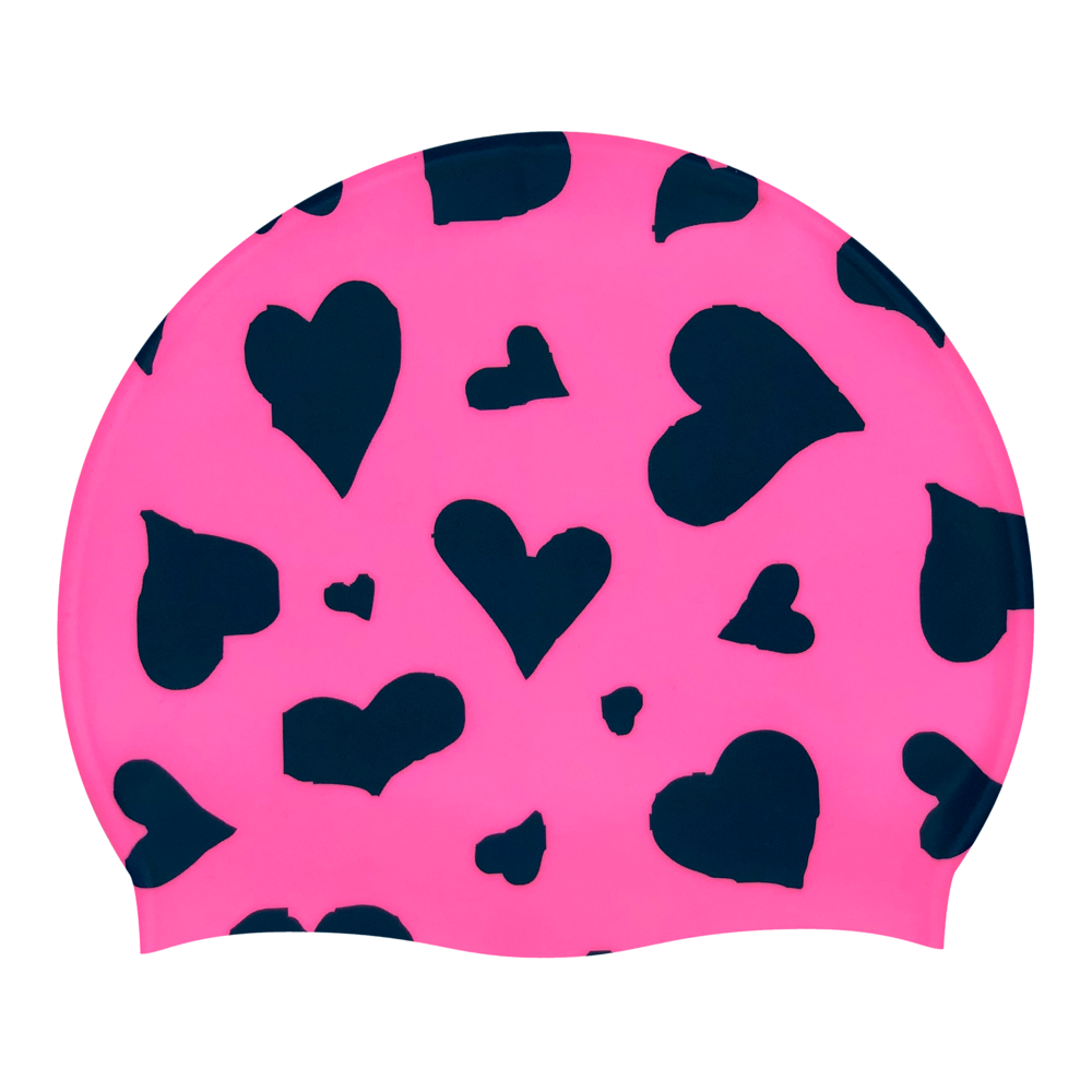Hearts Scattered in Black on SC16 Neon Pink Spurt Silicone Swim Cap