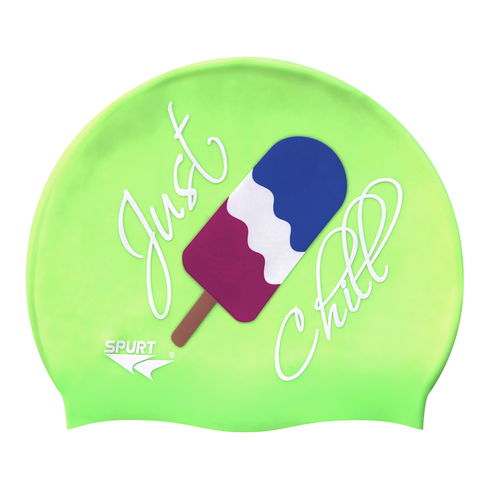 Just Chill and Ice Cream on F233 Neon Green Spurt Silicone Swim Cap