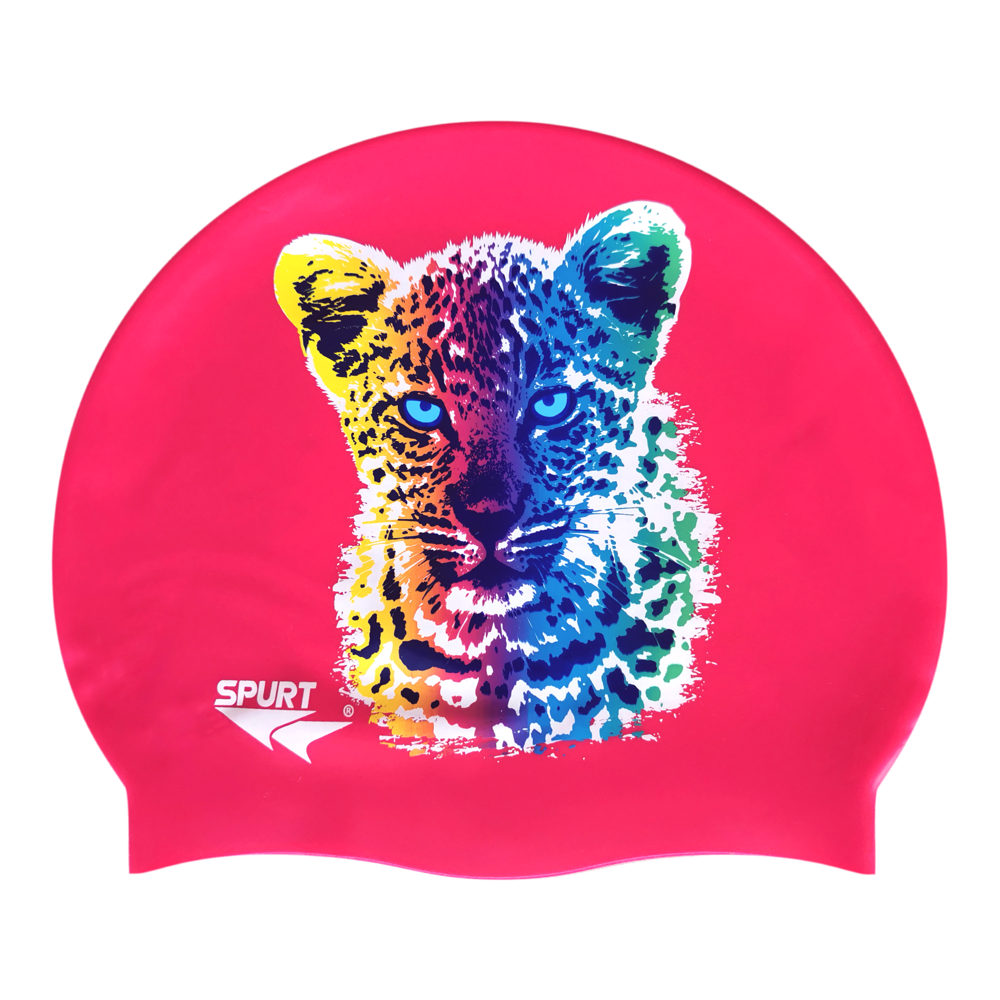 Leopard Cub in Blending Colours on F204 Dark Cerise Spurt Silicone Swim Cap