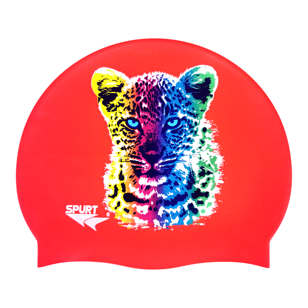 Leopard Cub in Blending Colours on F214 Neon Coral Spurt Silicone Swim Cap