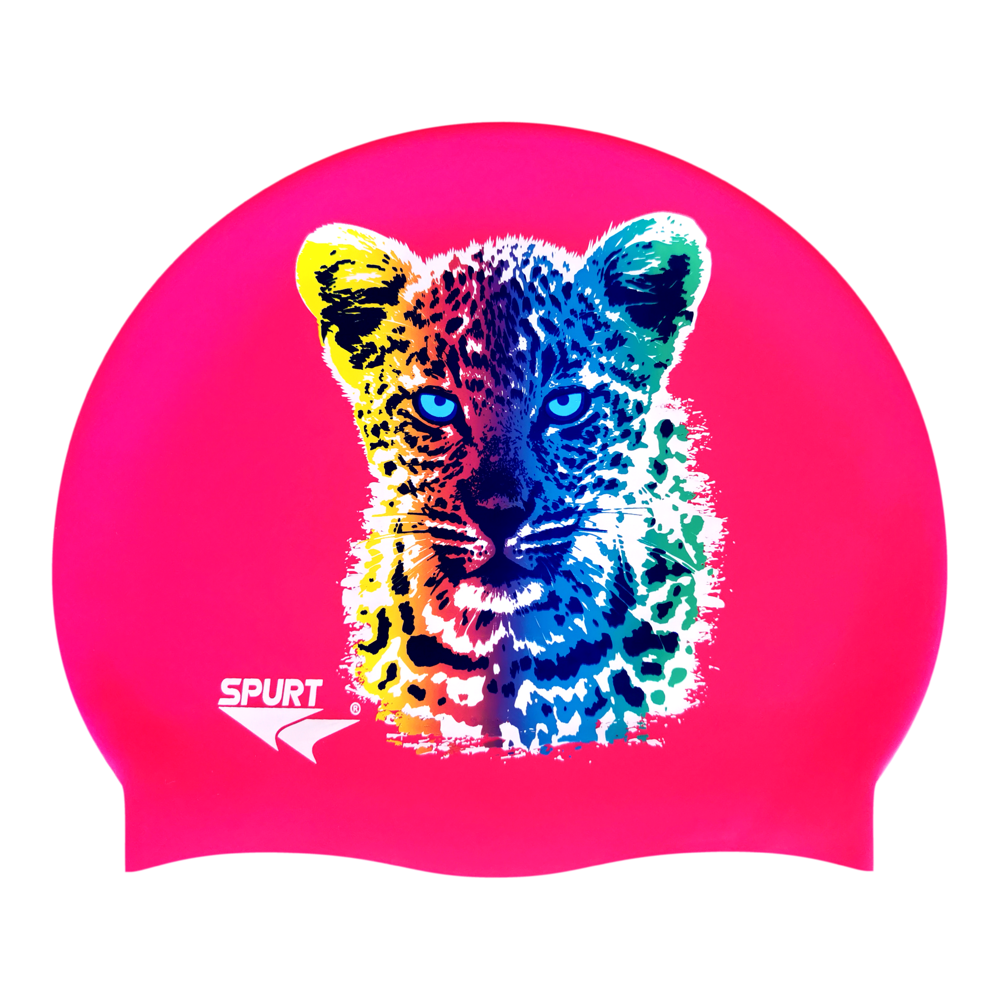 Leopard Cub in Blending Colours on F215 Bright Pink Spurt Silicone Swim Cap