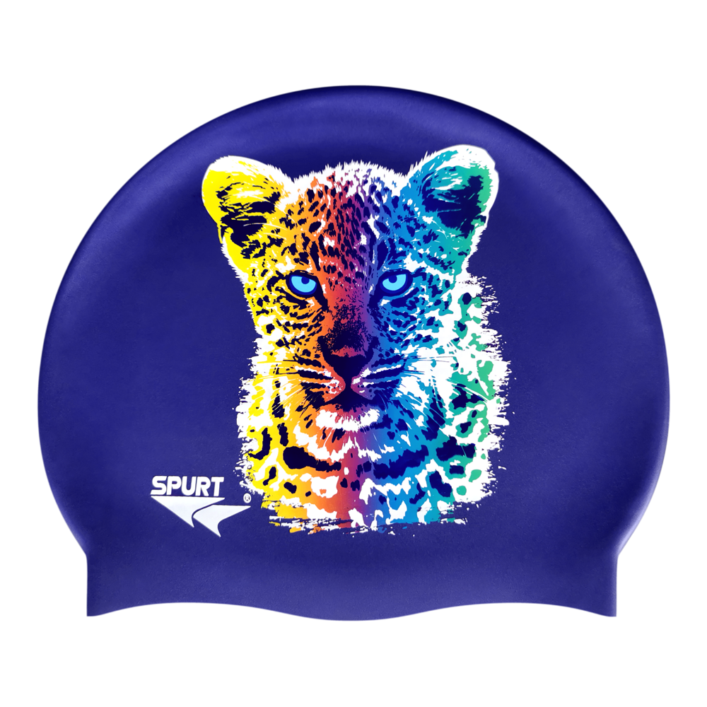 Leopard Cub in Blending Colours on SD16 Metallic Navy Spurt Silicone Swim Cap