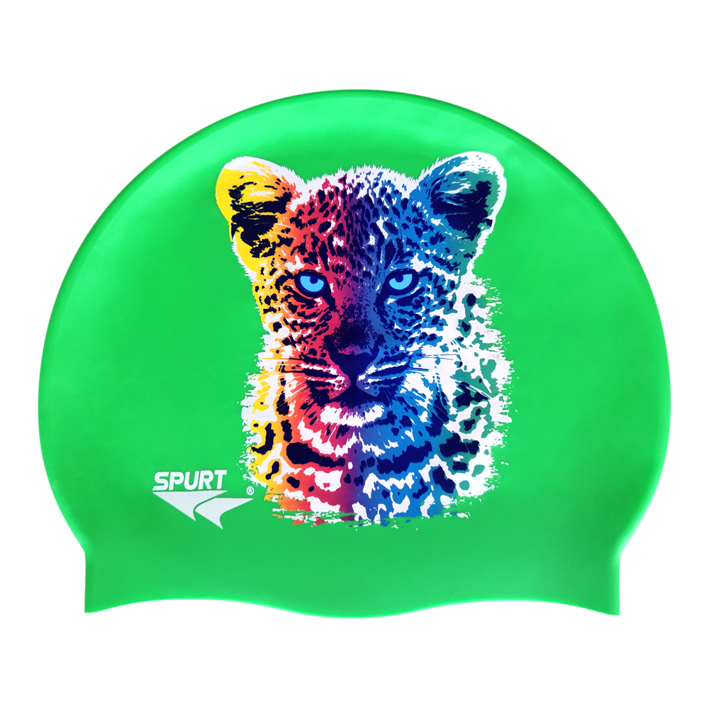 Leopard Cub in Blending Colours on SE24 Vivid Green Spurt Silicone Swim Cap