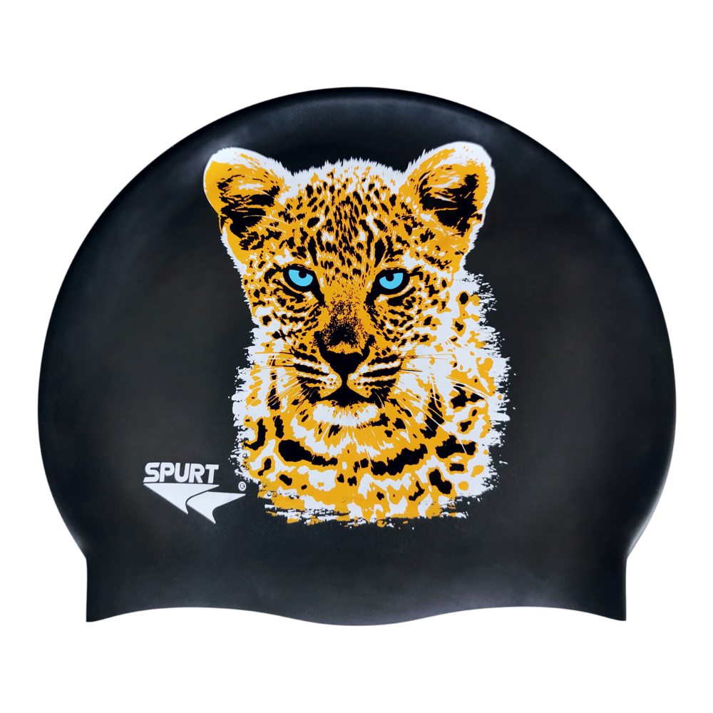 Leopard Cub in Orange and Black on SB14 Metallic Black Spurt Silicone Swim Cap