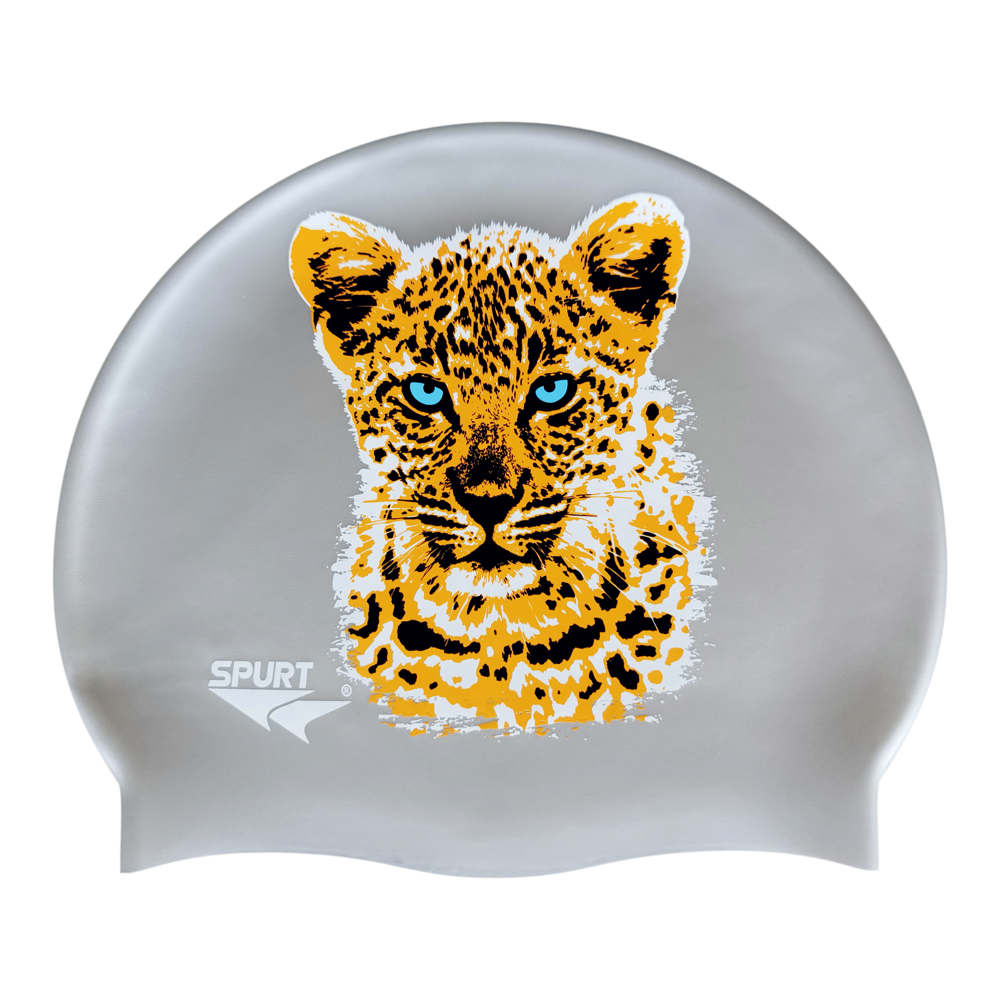 Leopard Cub in Orange and Black on SD11 Silver Spurt Silicone Swim Cap