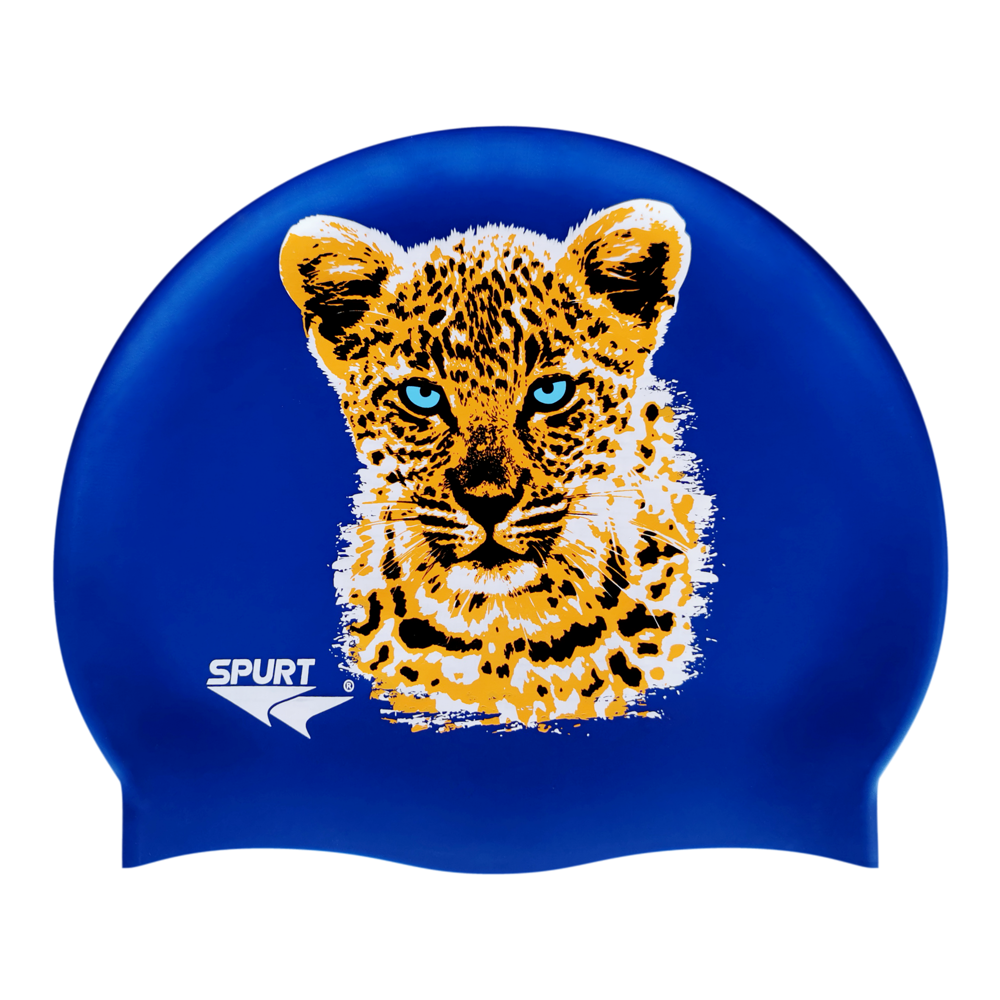 Leopard Cub in Orange and Black on SE25 Dark Blue Spurt Silicone Swim Cap