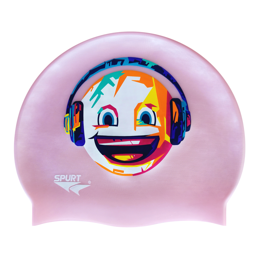Laughing with Headphones Scratchy Design on G104 Pale Pink Spurt Silicone Swim Cap
