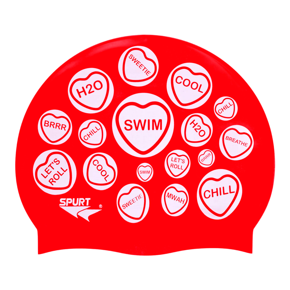 Love Heart Sweets on F203 Industrial Red Spurt Silicone Swim Cap