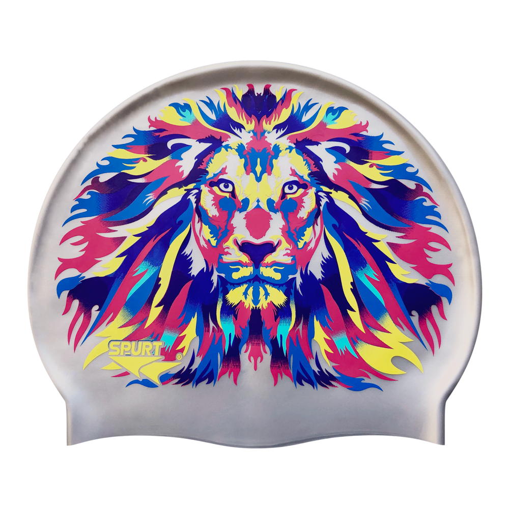 Lion with Shaded Mane in Rainbow Colour on SD11 Silver Spurt Silicone Swim Cap
