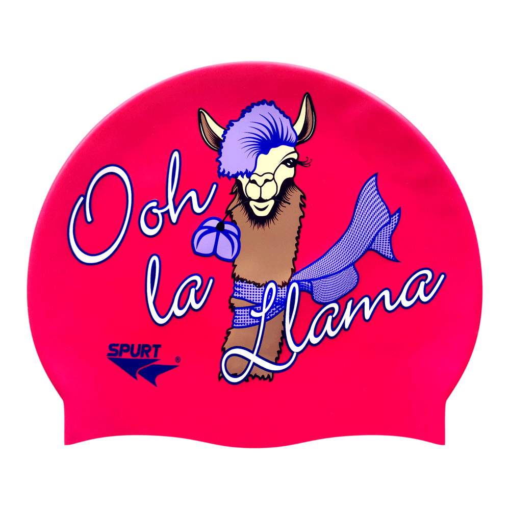 Llama and Ooh-la Llama on F204 Dark Cerise Spurt Silicone Swim Cap