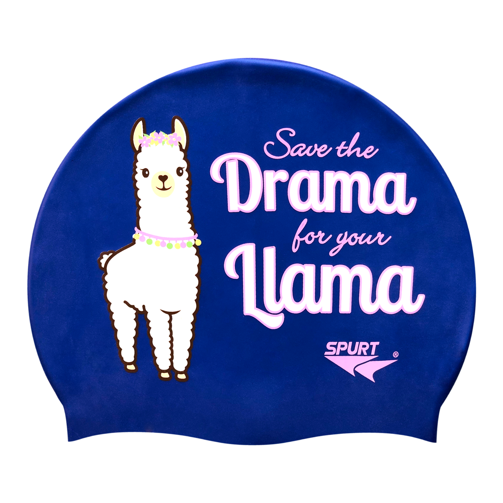 Llama and Save the Drama on SE25 Dark Blue Spurt Silicone Swim Cap
