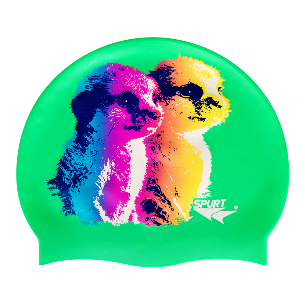Baby Meerkats in Blending Colours on SE24 Vivid Green Spurt Silicone Swim Cap