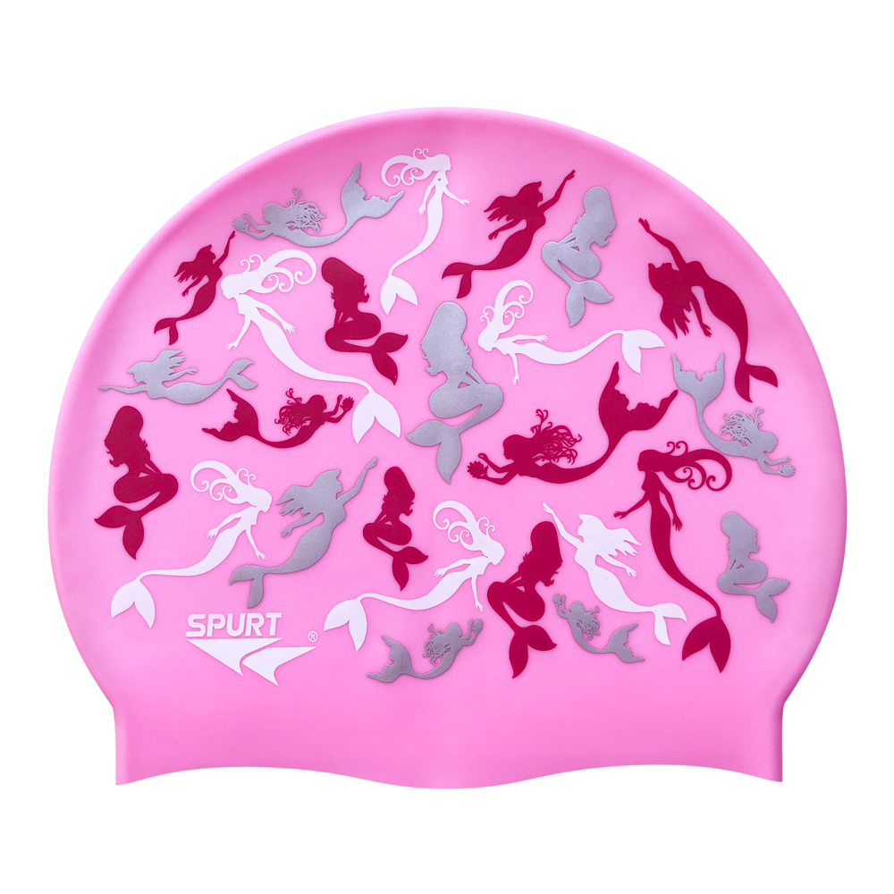 Repeated Mermaids in White, Silver and Bright Pink on F239 Light Pink Spurt Silicone Swim Cap