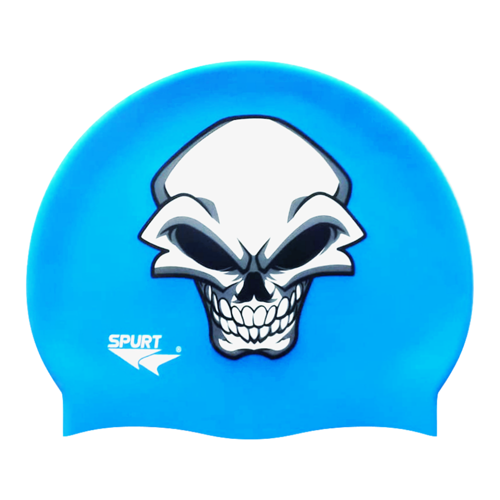 Mean Shaded Skull on F218 Sky Blue Spurt Silicone Swim Cap