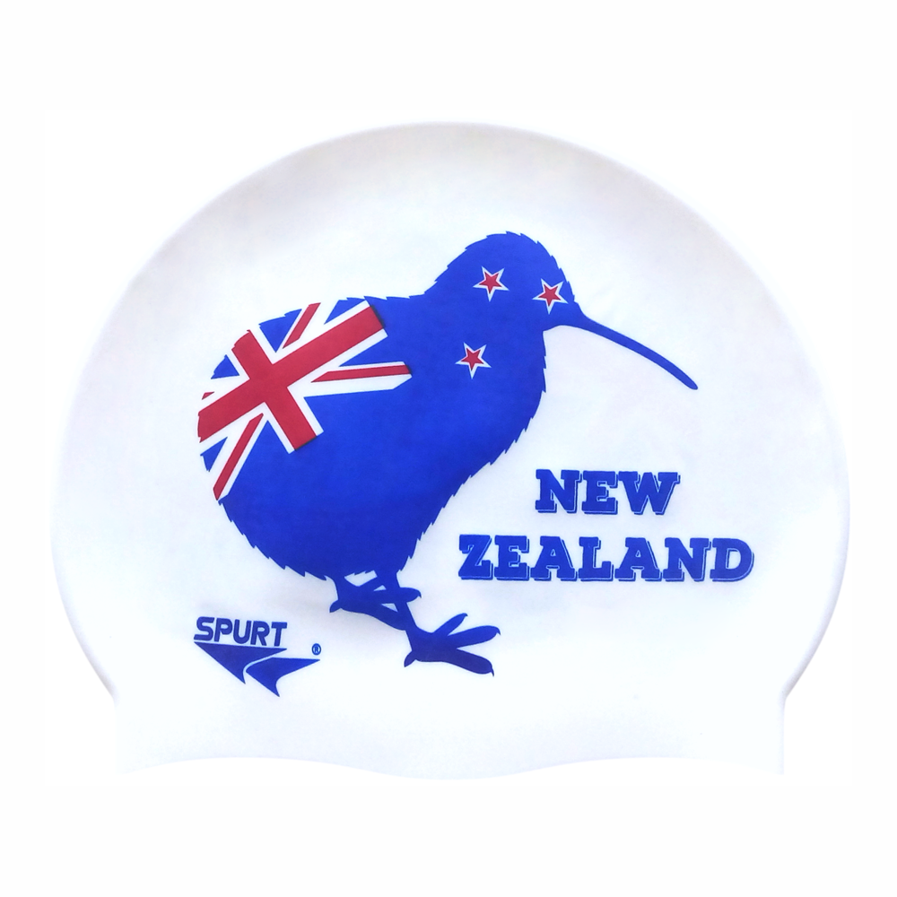 New Zealand Flag Kiwi Bird on F211 Cool White Spurt Silicone Swim Cap