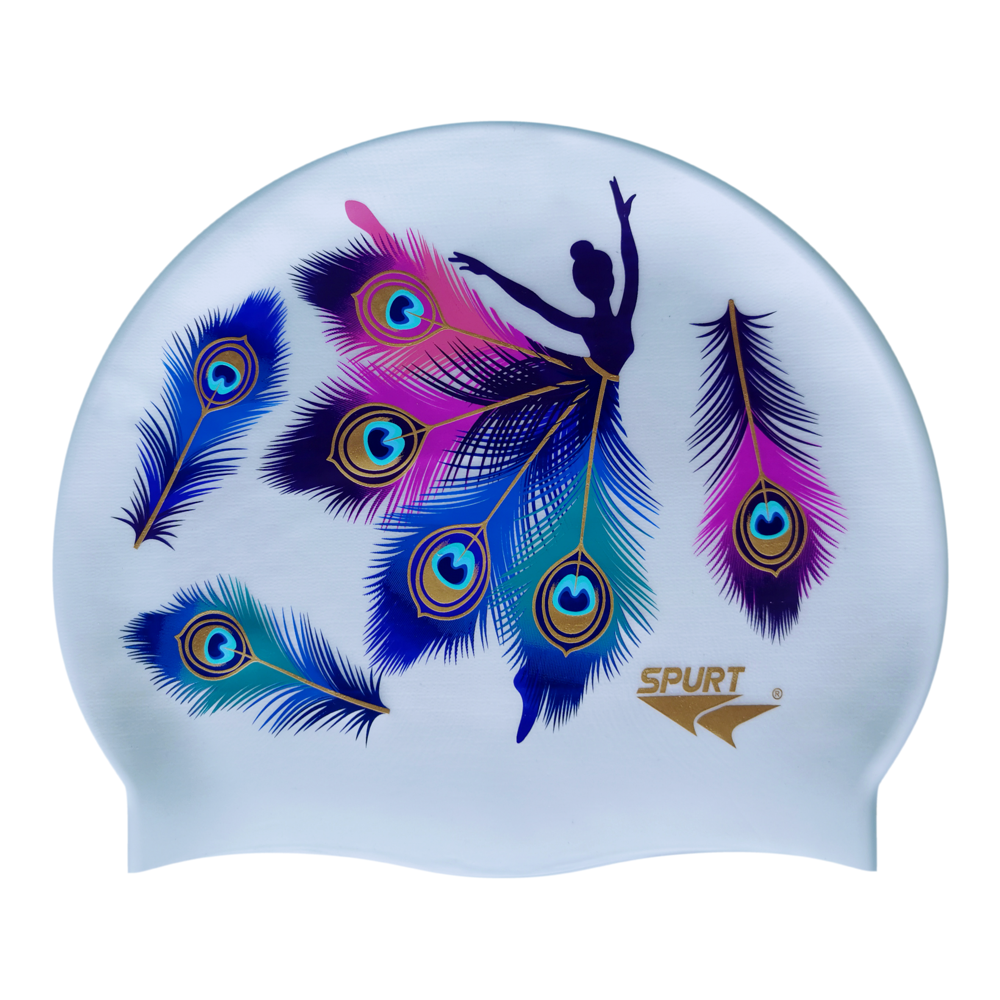 Peacock Feather Ballet Dancer on G101 Pale Blue Spurt Silicone Swim Cap