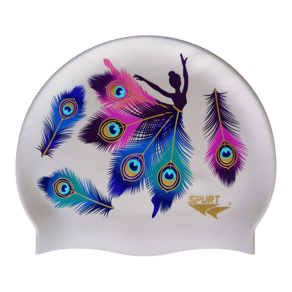 Peacock Feather Ballet Dancer on SD11 Silver Spurt Silicone Swim Cap