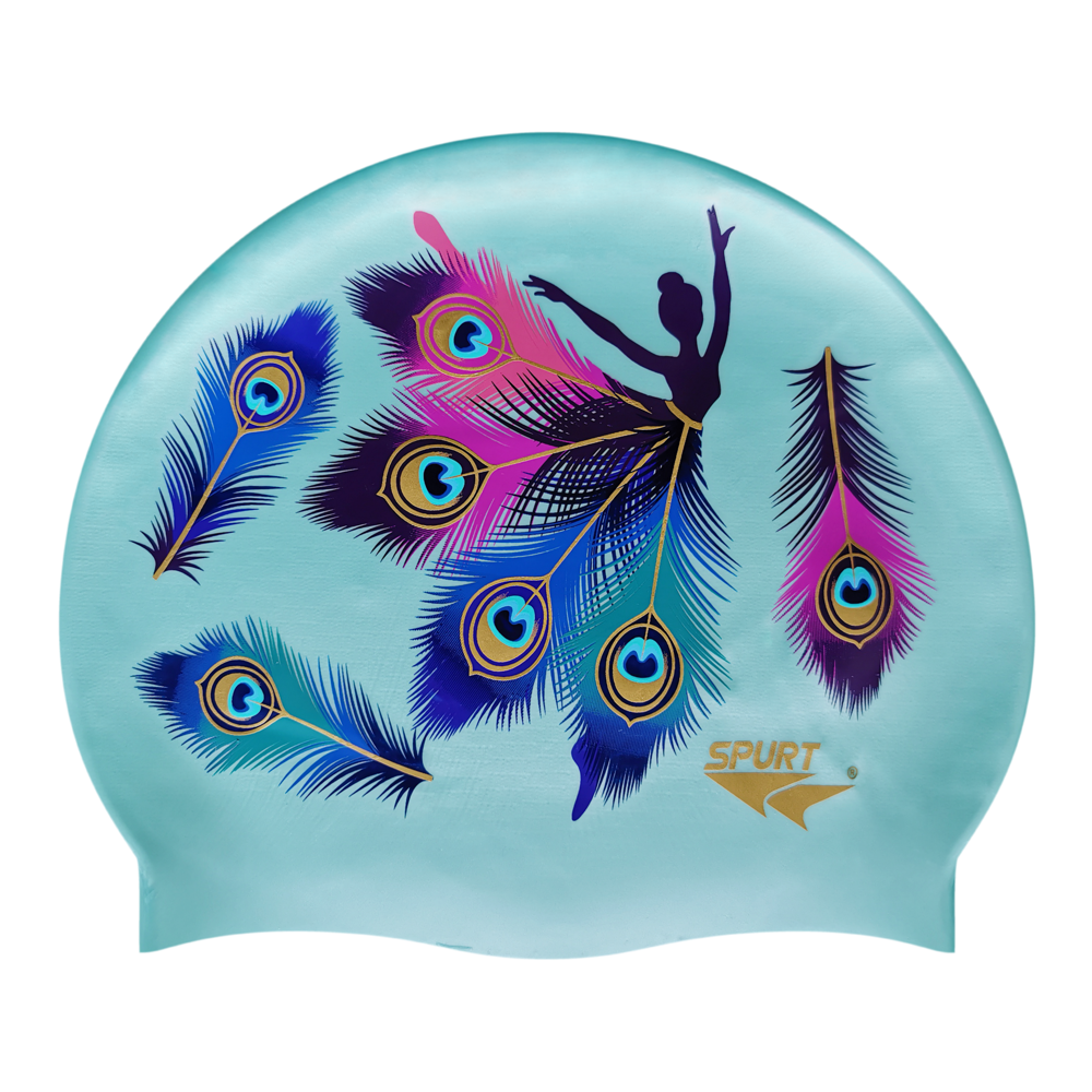 Peacock Feather Ballet Dancer on SD13 Pale Aquamarine Green Spurt Silicone Swim Cap