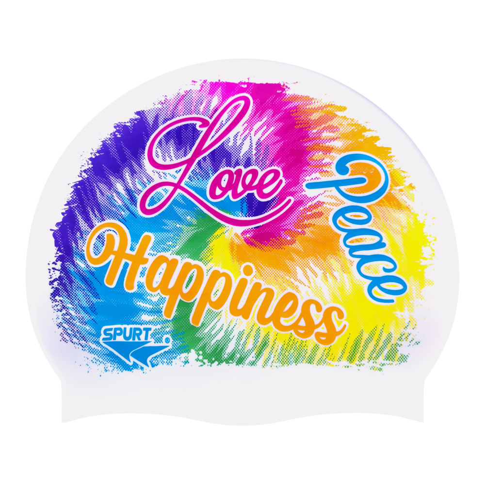 Peace, Love and Happiness over Tie-Dye Swirl on F211 Cool White Spurt Silicone Swim Cap
