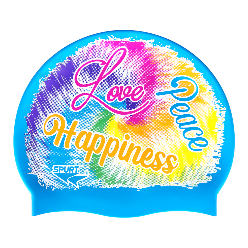 Peace, Love and Happiness over Tie-Dye Swirl on F211 Cool White Spurt Silicone Swim Cap