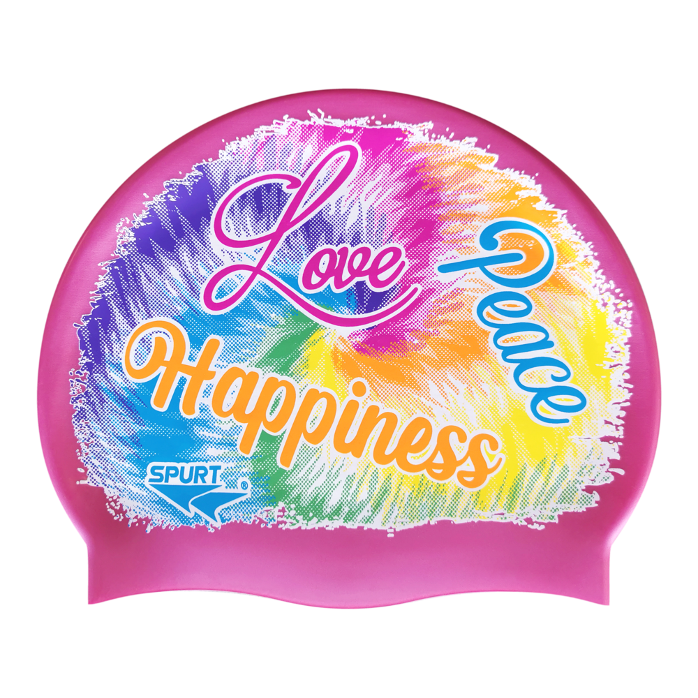 Peace, Love and Happiness over Tie-Dye Swirl on F211 Cool White Spurt Silicone Swim Cap