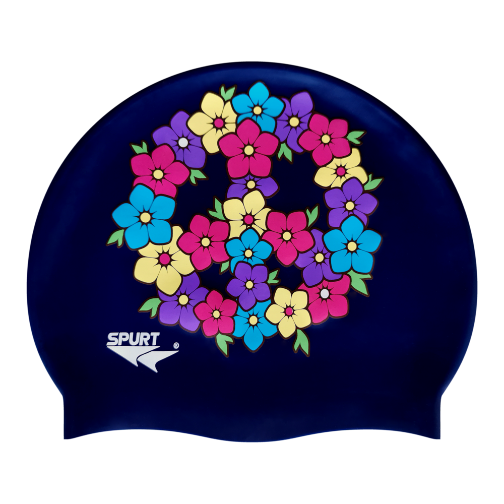 Peace Sign of Flowers on F208 Dark Navy Spurt Silicone Swim Cap