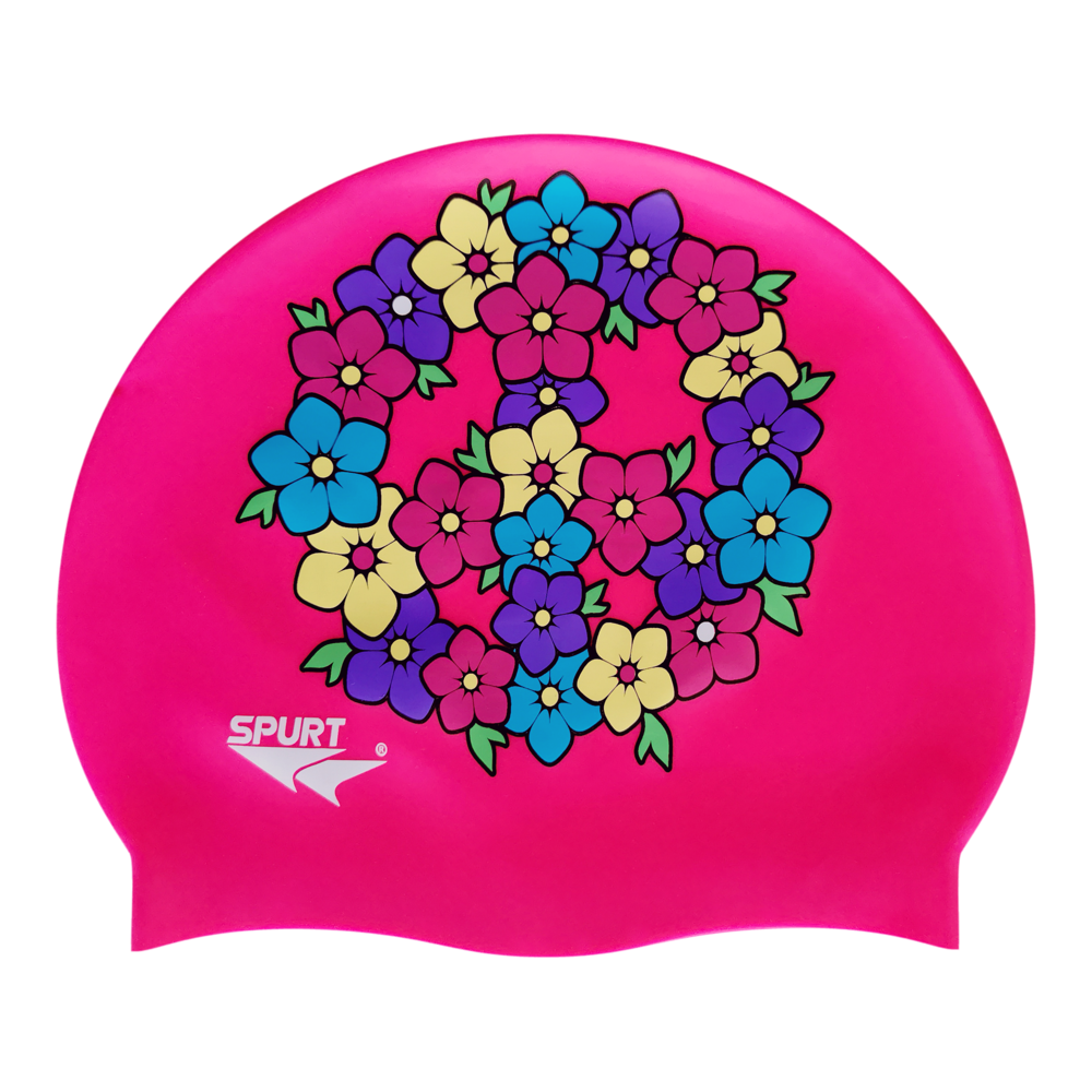 Peace Sign of Flowers on F215 Bright Pink Spurt Silicone Swim Cap