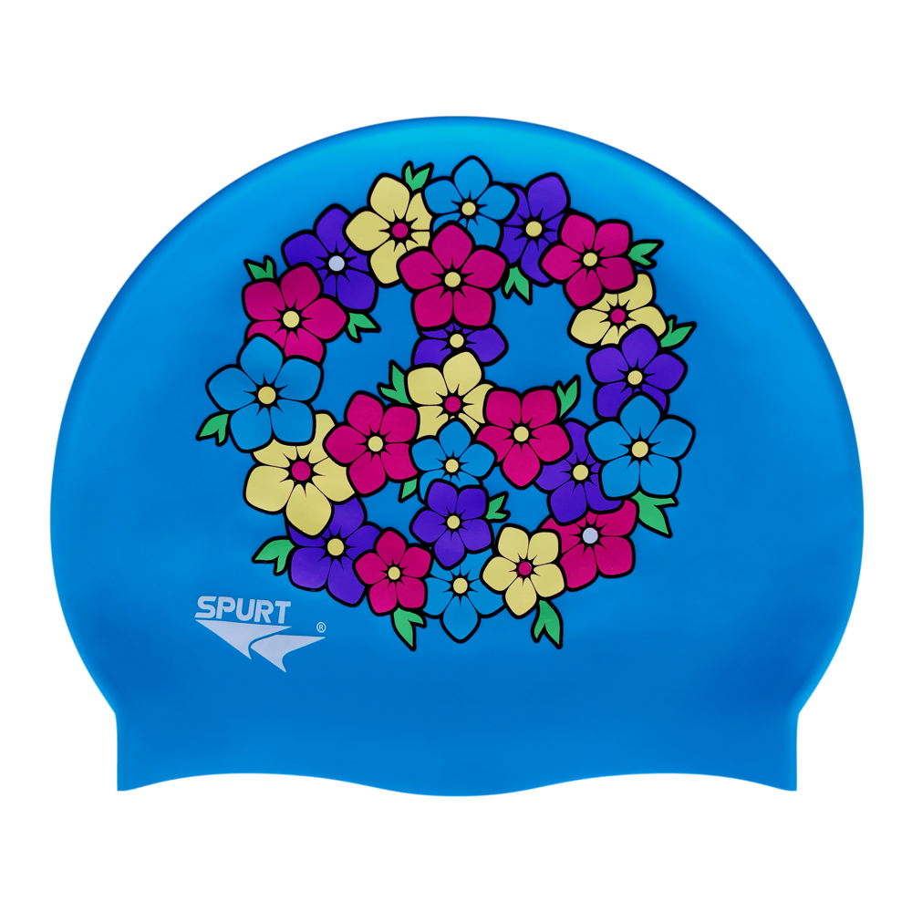 Peace Sign of Flowers on F218 Sky Blue Spurt Silicone Swim Cap