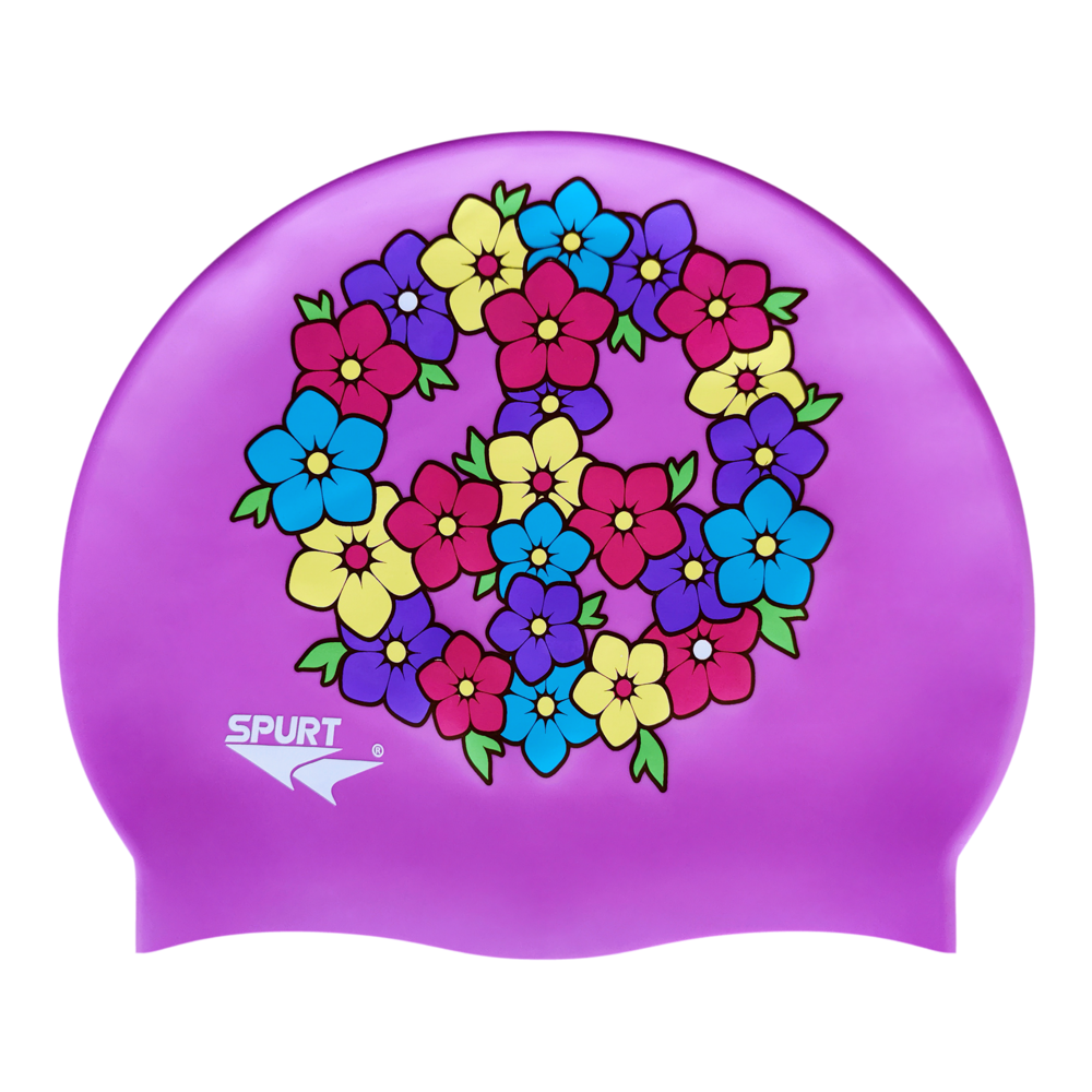 Peace Sign of Flowers on F228 Light Violet Spurt Silicone Swim Cap