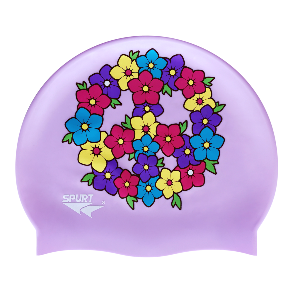 Peace Sign of Flowers on F240 Pale Violet Spurt Silicone Swim Cap