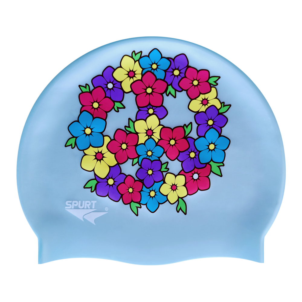 Peace Sign of Flowers on G101 Pale Blue Spurt Silicone Swim Cap