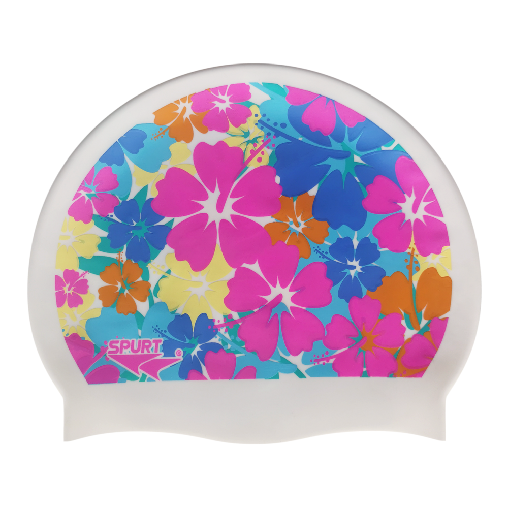 Pastel Tropical Flowers on F212 Warm White Spurt Silicone Swim Cap