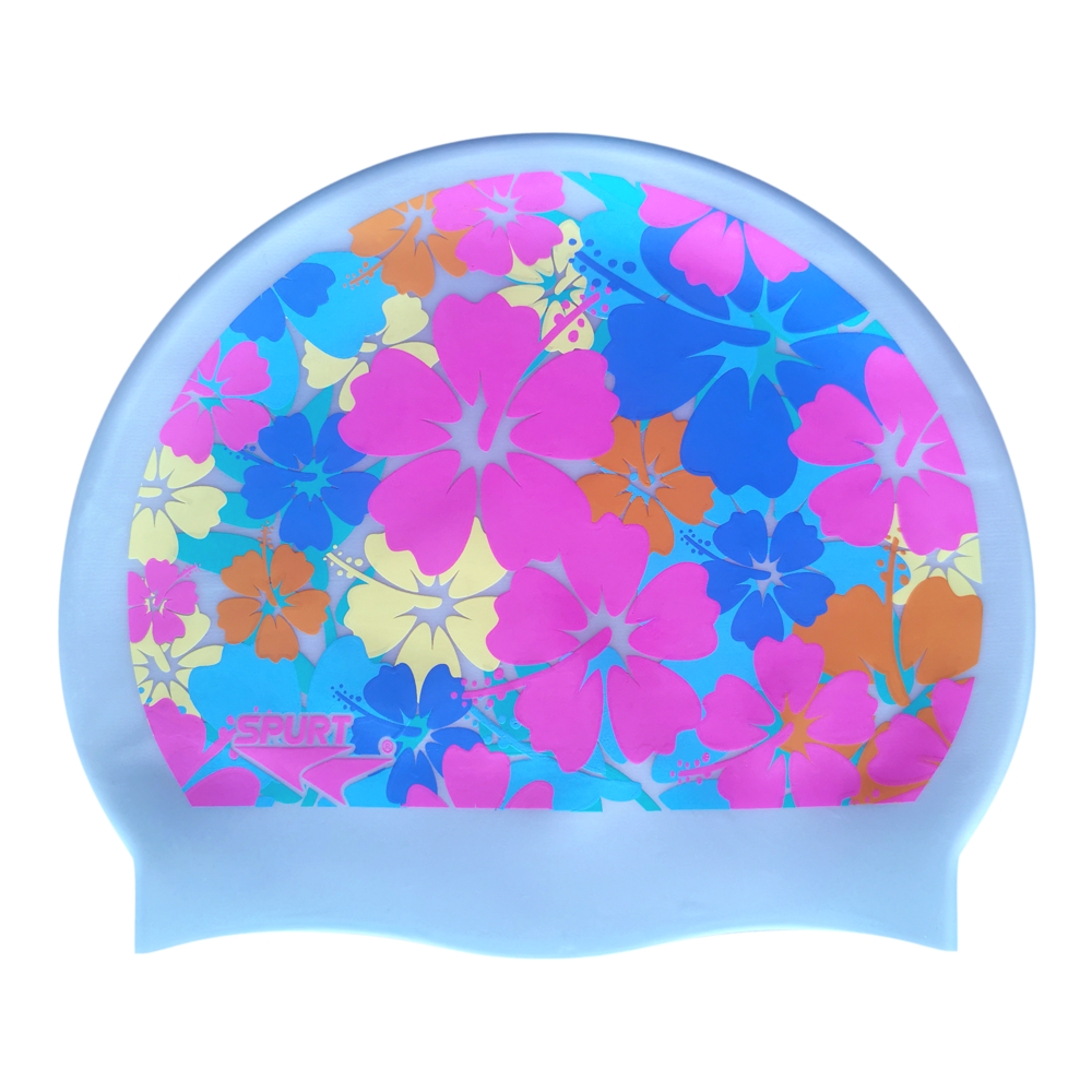 Pastel Tropical Flowers on G101 Pale Blue Spurt Silicone Swim Cap