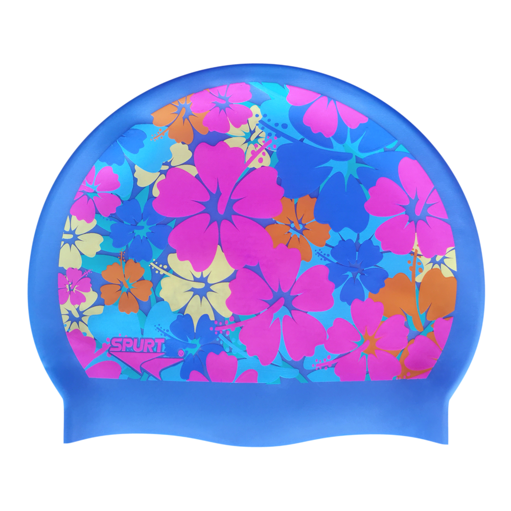 Pastel Tropical Flowers on SB12 Lavender Blue Spurt Silicone Swim Cap