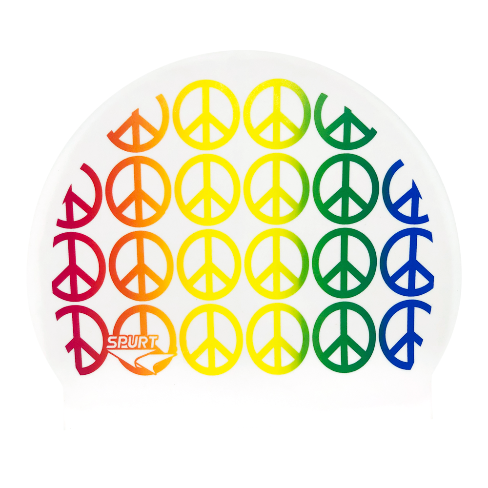 Repeated Peace Signs in Rainbow on F212 Warm White Spurt Silicone Swim Cap