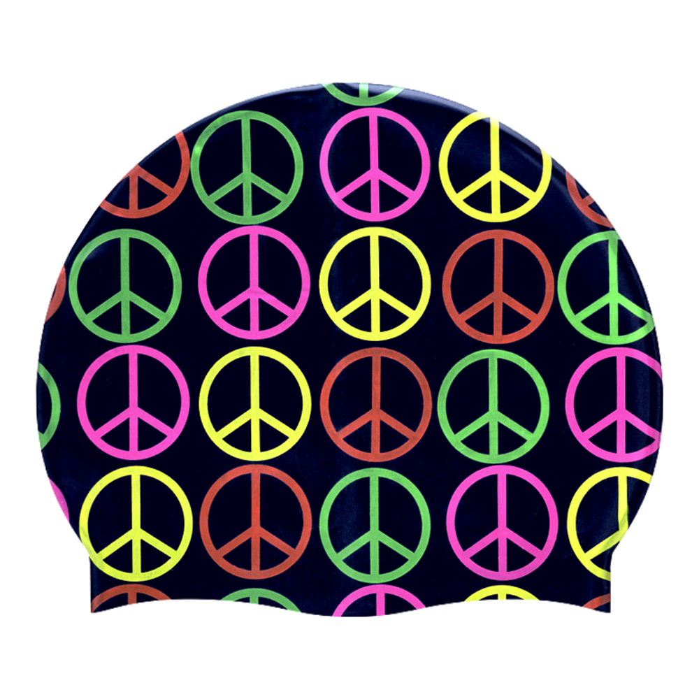 Repeated Peace Signs in Lime Green, Yellow, Orange and Pink on SB14 Metallic Black Spurt Silicone Swim Cap