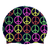 Repeated Peace Signs in Lime Green, Yellow, Orange and Pink on SB14 Metallic Black Spurt Silicone Swim Cap