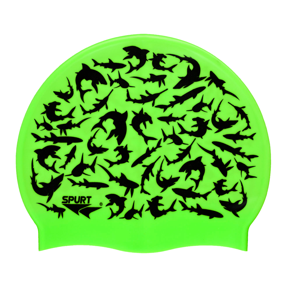 Repeated Sharks on F233 Neon Green Spurt Silicone Swim Cap