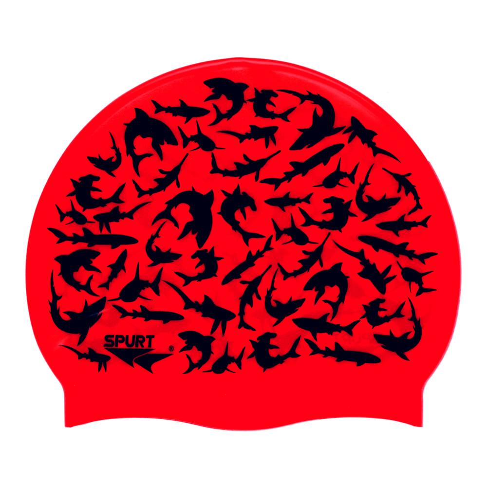 Repeated Sharks on F246 Crimson Red Spurt Silicone Swim Cap