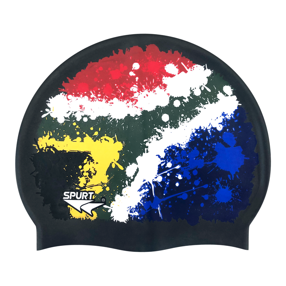 SA Flag Splash Design Mirror Image on F209 Deep Black Spurt Silicone Swim Cap